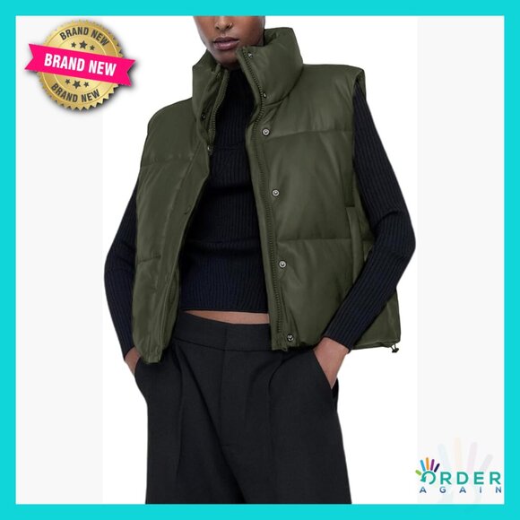 Faux Leather Puffer Vest Sleeveless Cropped Quilted Modern Winter Outerwear